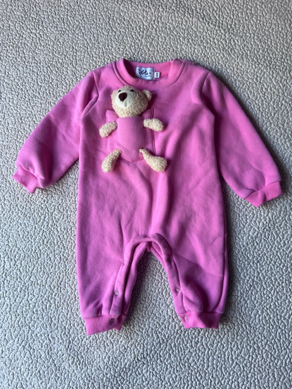 Lola + The Boys Teddy Bear Plush Pink Onesie Romper Cute Comfy Size 12-18 Months